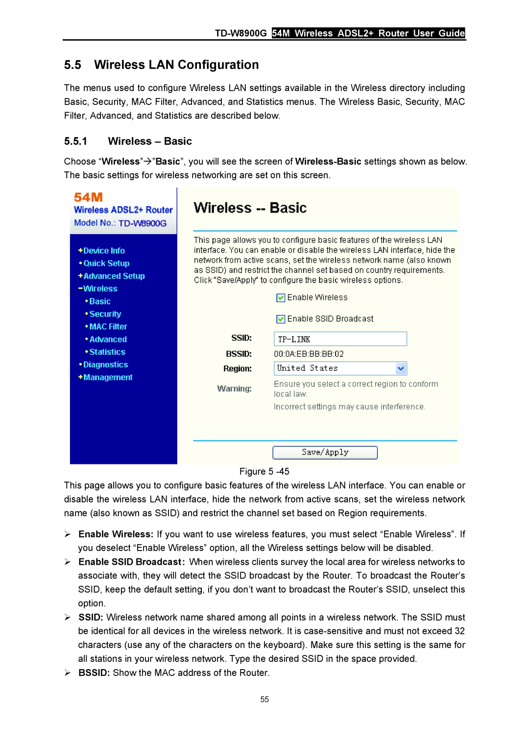 TP-Link manual Wireless LAN Configuration, Wireless - Basic, TD-W8900G 54M Wireless ADSL2+ Router User Guide 