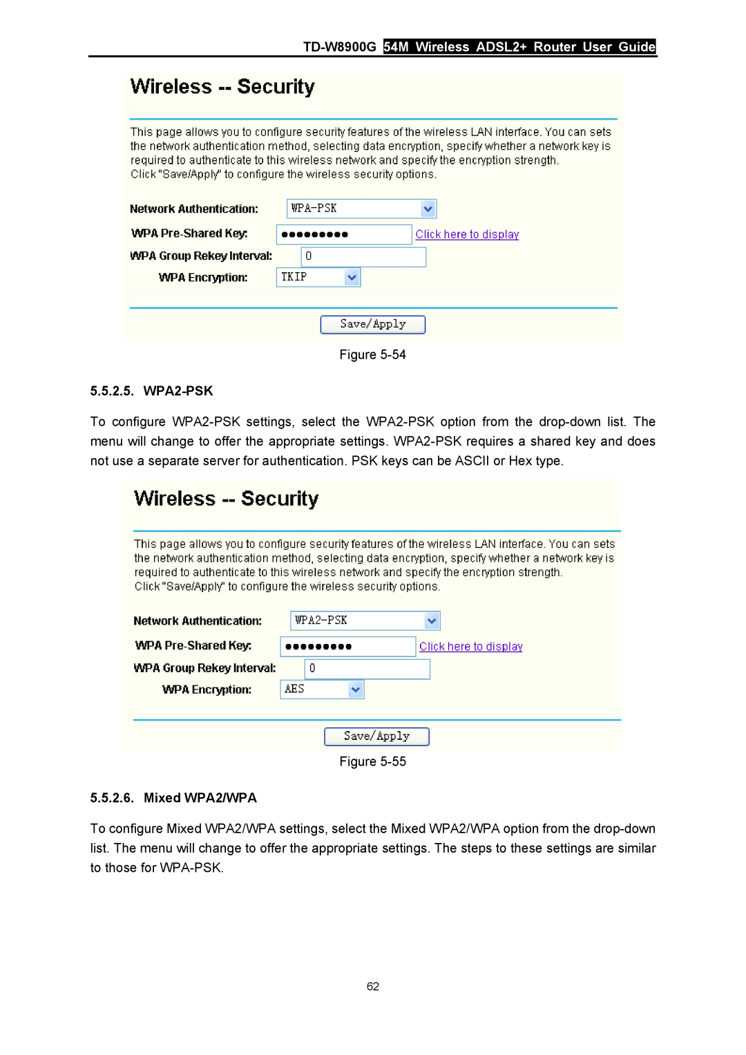 TP-Link manual TD-W8900G 54M Wireless ADSL2+ Router User Guide, WPA2-PSK, Mixed WPA2/WPA 