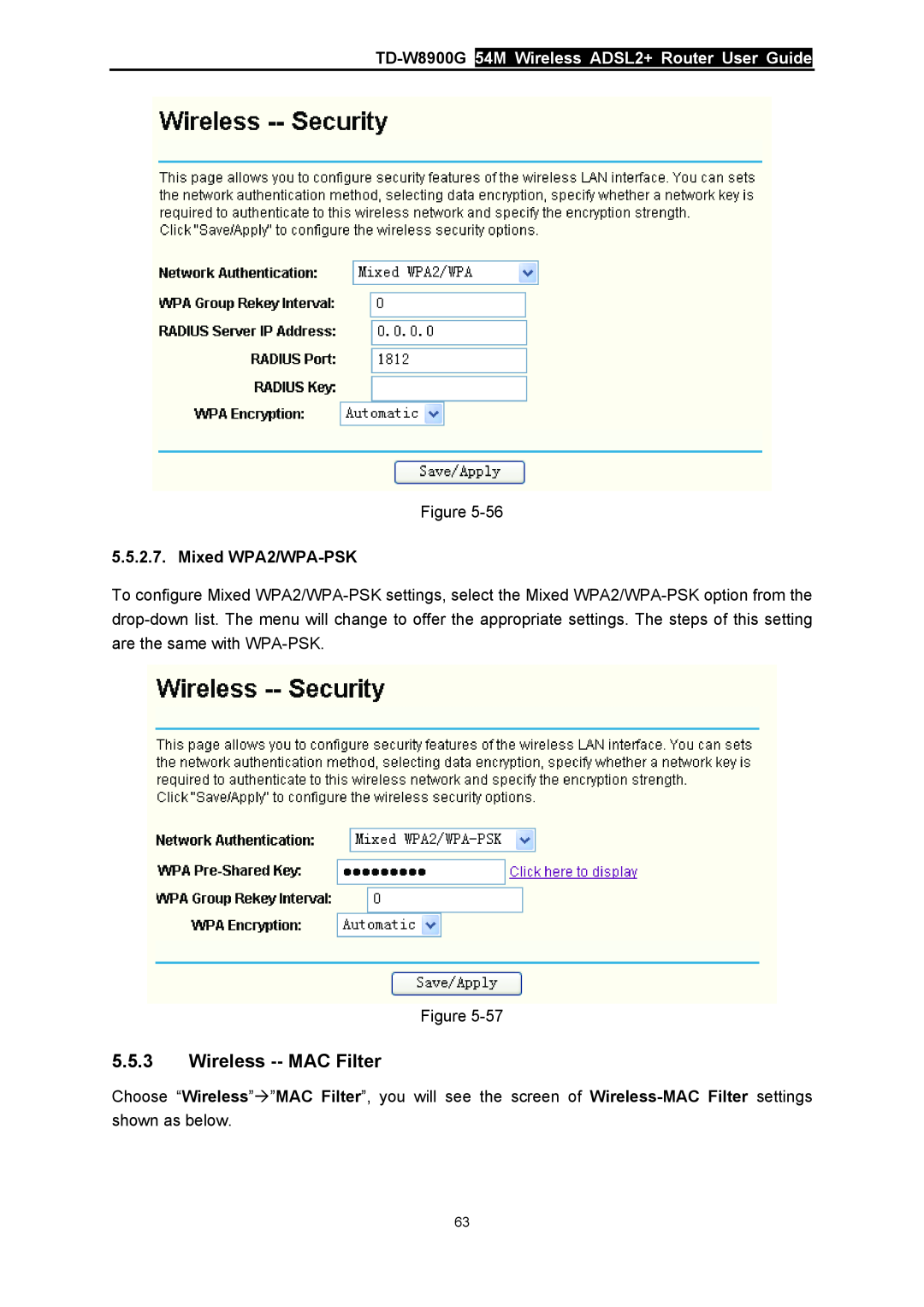 TP-Link manual Wireless -- MAC Filter, TD-W8900G 54M Wireless ADSL2+ Router User Guide, Mixed WPA2/WPA-PSK 