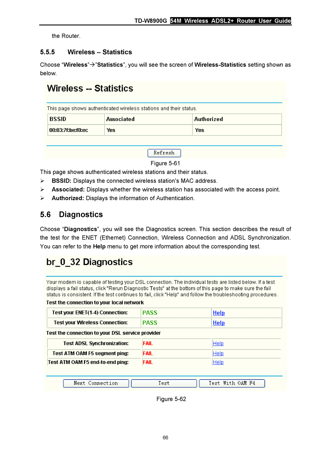 TP-Link manual Diagnostics, Wireless - Statistics, TD-W8900G 54M Wireless ADSL2+ Router User Guide 