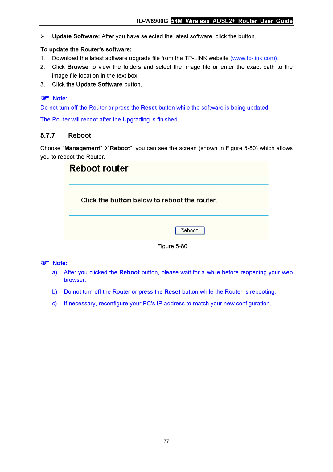 TP-Link manual Reboot, TD-W8900G 54M Wireless ADSL2+ Router User Guide, To update the Routers software 