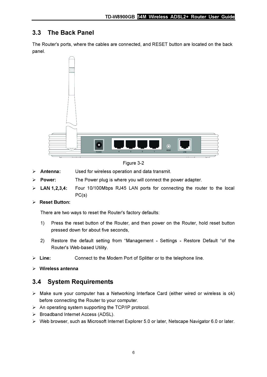 TP-Link TD-W8900GB manual Back Panel, System Requirements, ¾ Reset Button, ¾ Wireless antenna 