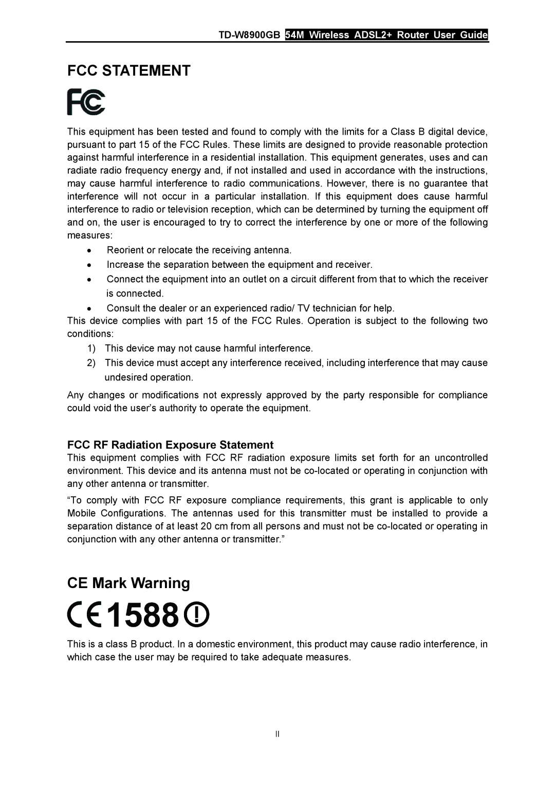 TP-Link TD-W8900GB manual FCC Statement, FCC RF Radiation Exposure Statement 