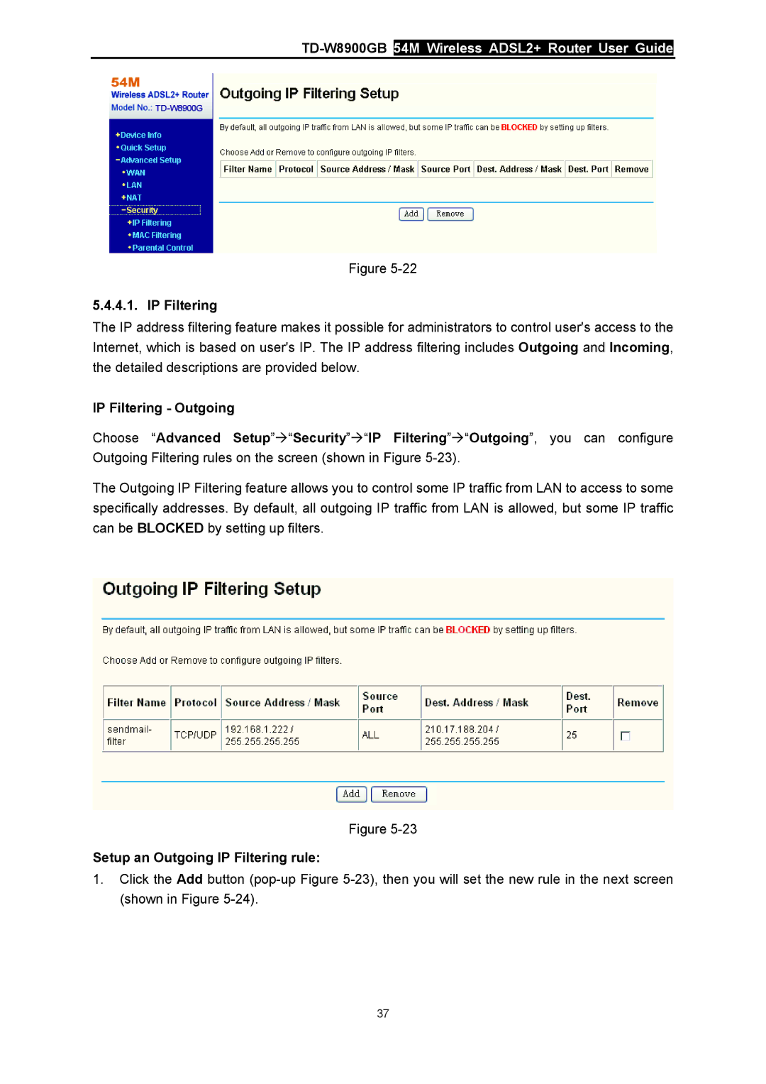 TP-Link TD-W8900GB manual Setup an Outgoing IP Filtering rule 