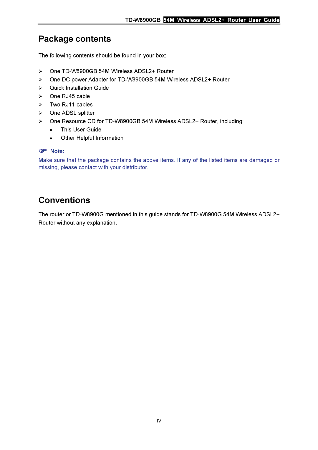 TP-Link TD-W8900GB manual Package contents 