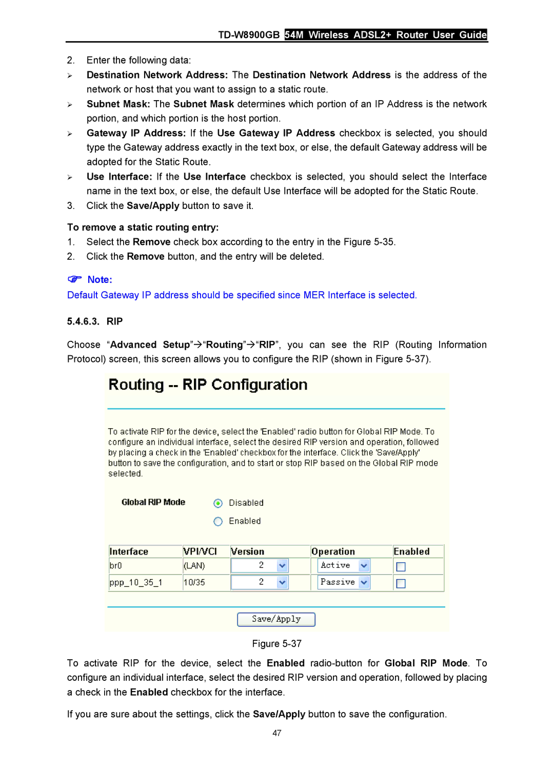 TP-Link TD-W8900GB manual To remove a static routing entry, Rip 