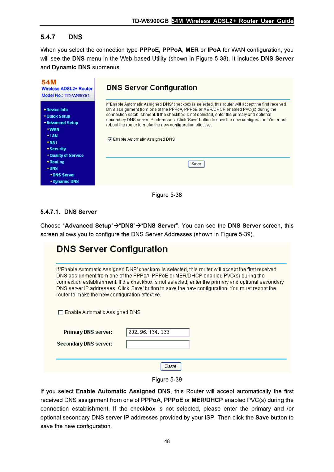 TP-Link TD-W8900GB manual 7 DNS, DNS Server 