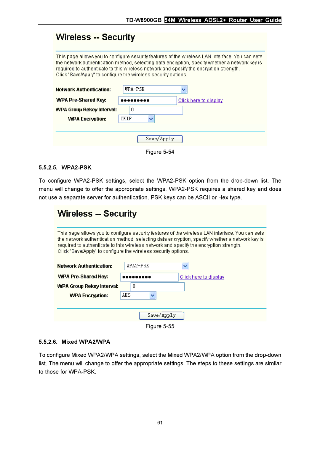 TP-Link TD-W8900GB manual WPA2-PSK, Mixed WPA2/WPA 