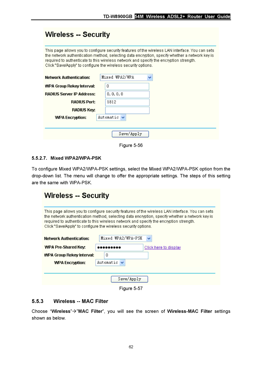 TP-Link TD-W8900GB manual Wireless -- MAC Filter, Mixed WPA2/WPA-PSK 