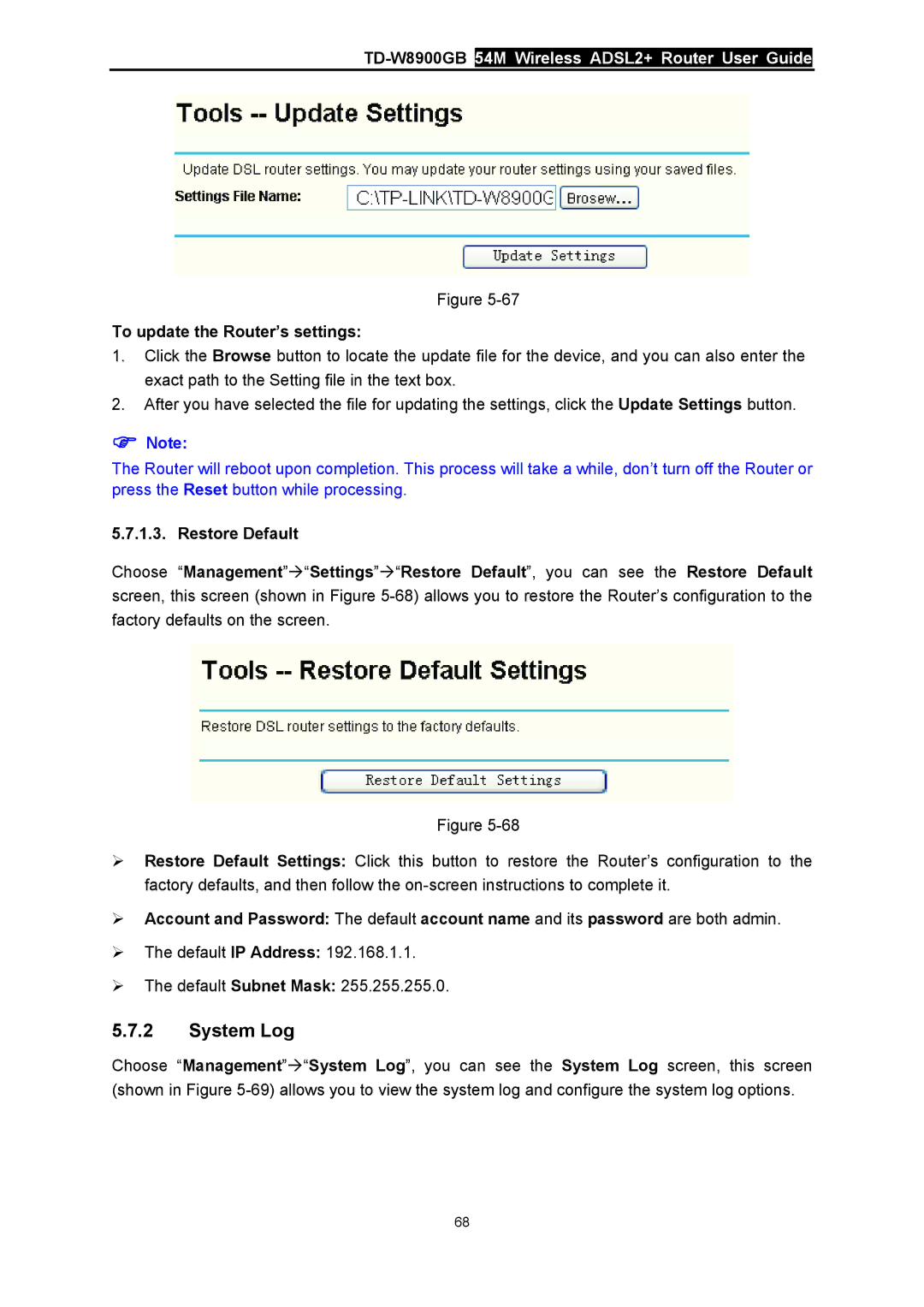 TP-Link TD-W8900GB manual System Log, To update the Router’s settings 