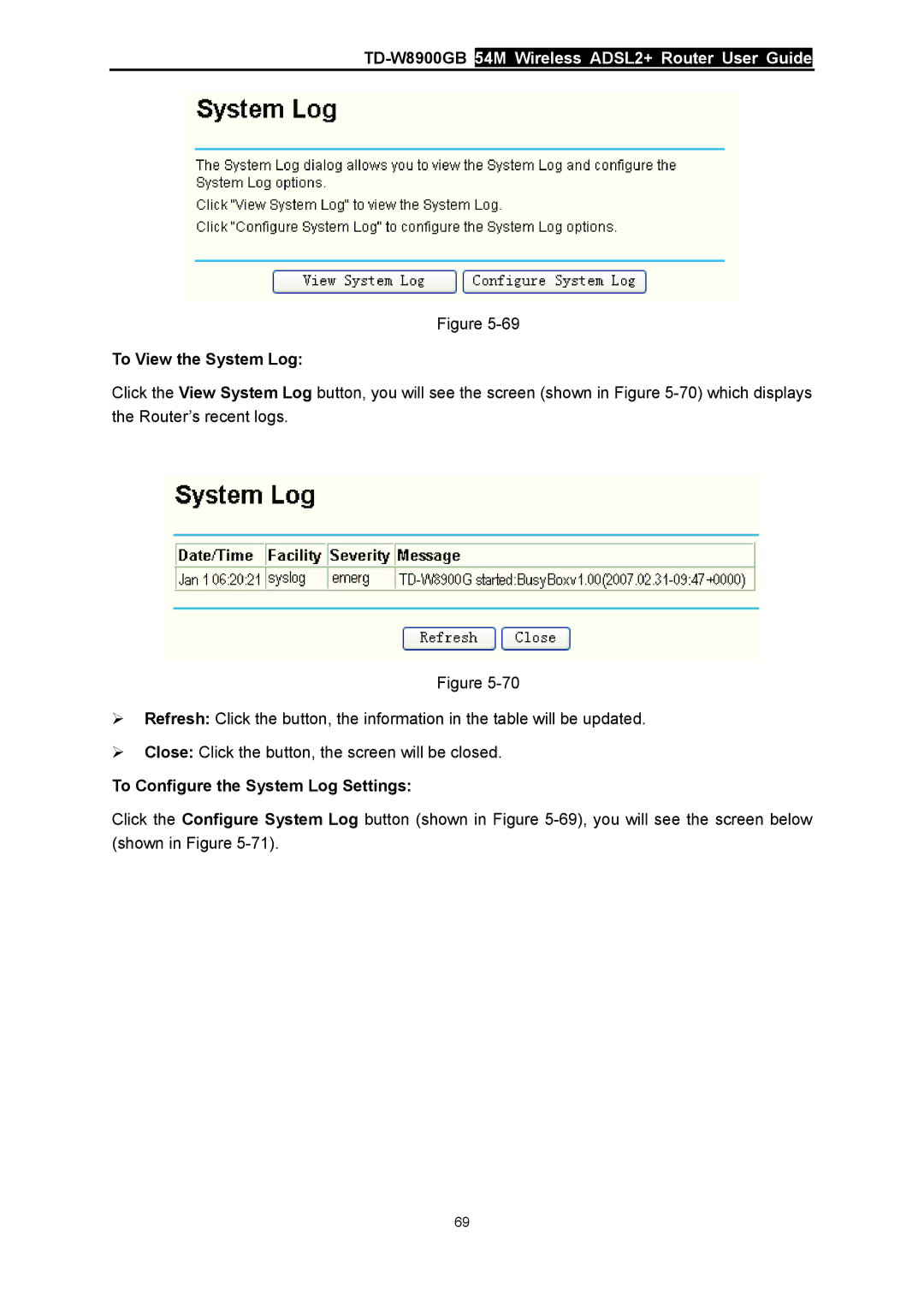 TP-Link TD-W8900GB manual To View the System Log, To Configure the System Log Settings 