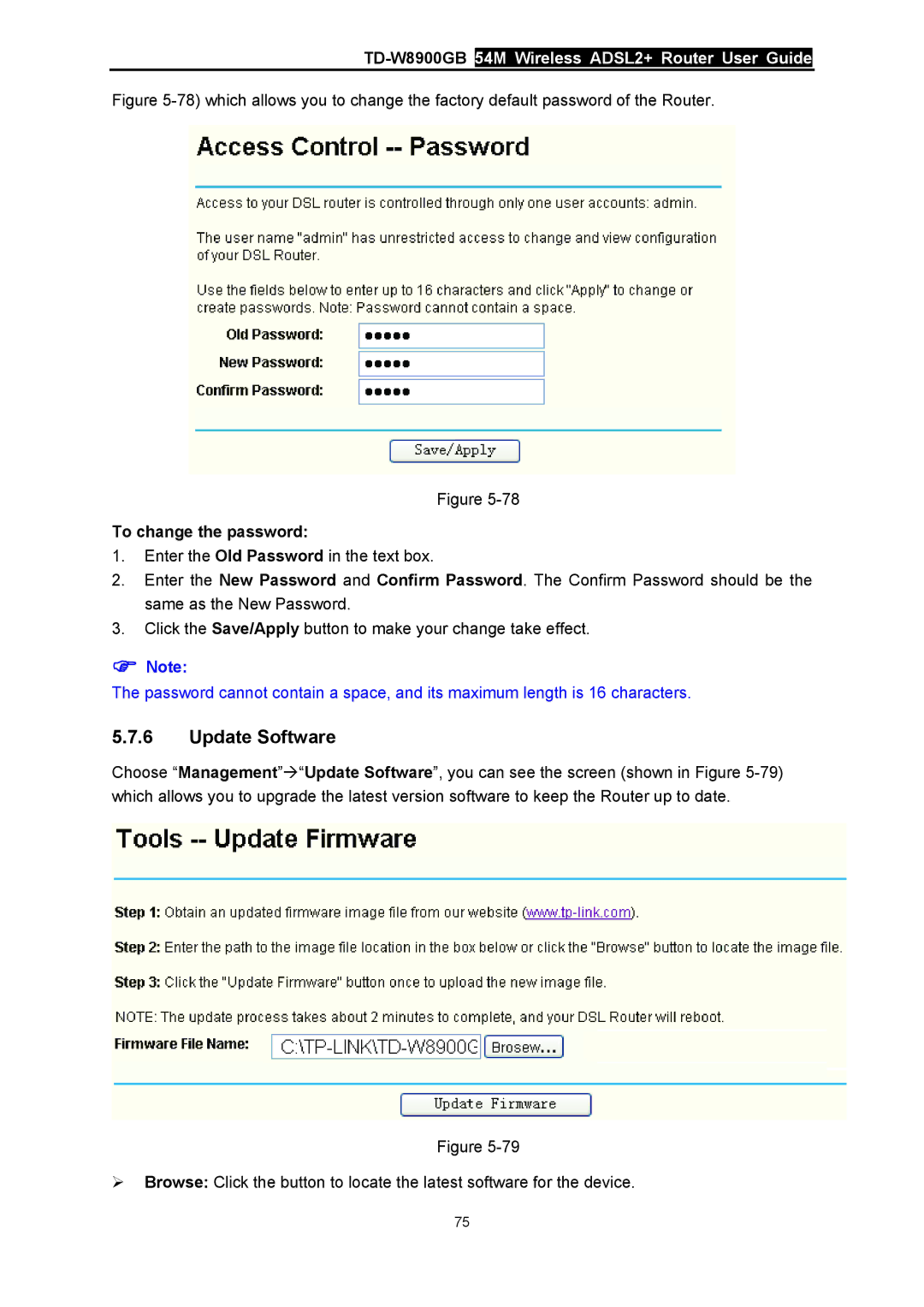 TP-Link TD-W8900GB manual Update Software, To change the password 