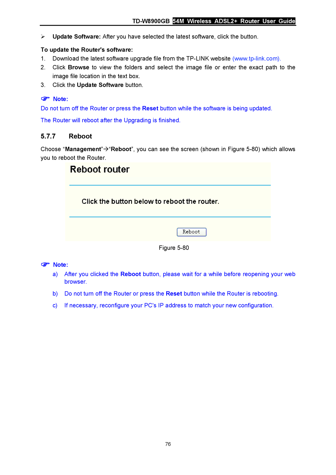 TP-Link TD-W8900GB manual Reboot, To update the Routers software 