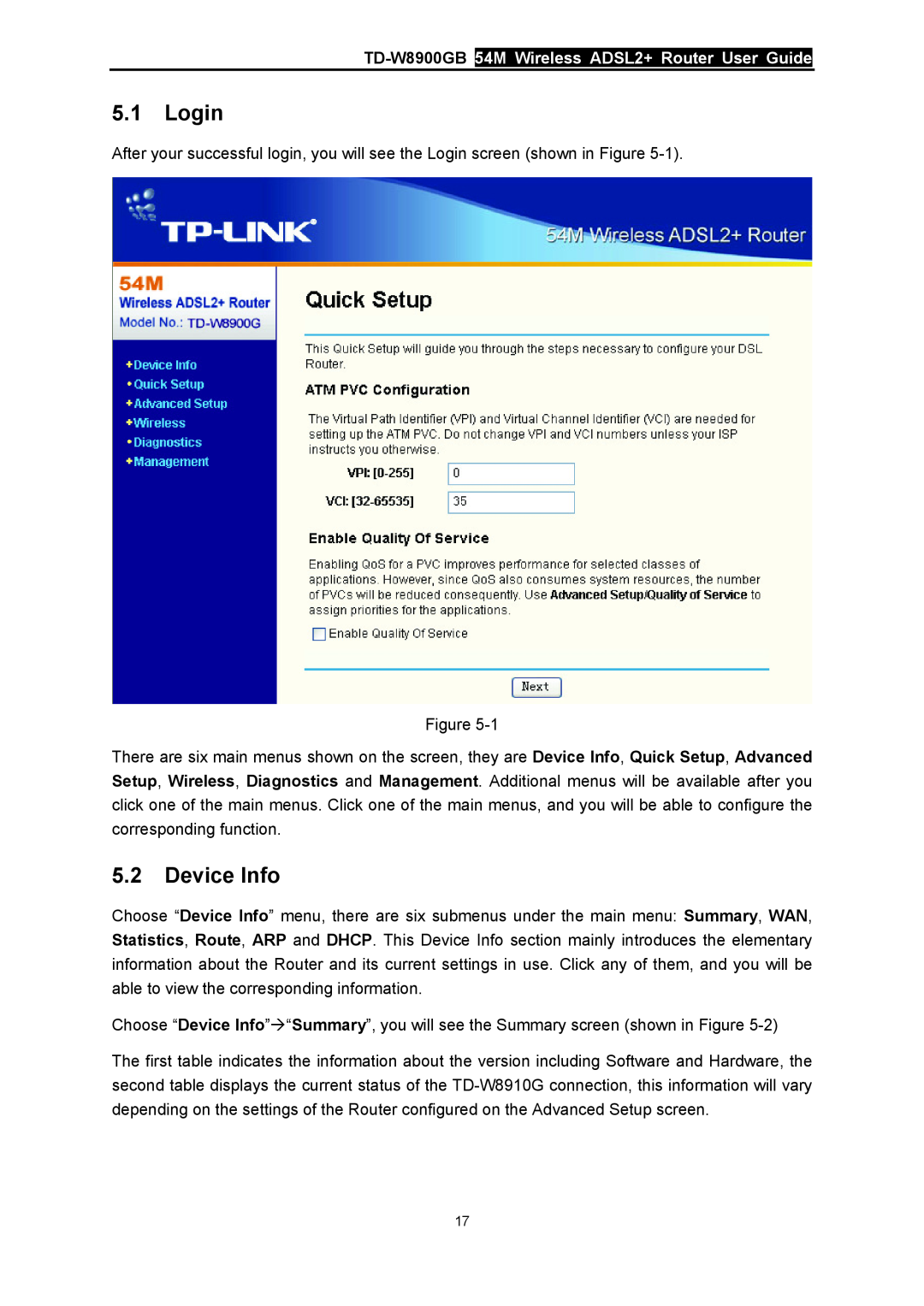 TP-Link manual Login, Device Info, TD-W8900GB 54M Wireless ADSL2+ Router User Guide 