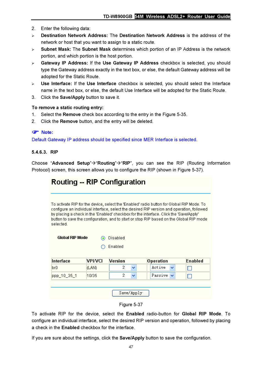 TP-Link manual TD-W8900GB 54M Wireless ADSL2+ Router User Guide, To remove a static routing entry, Rip 
