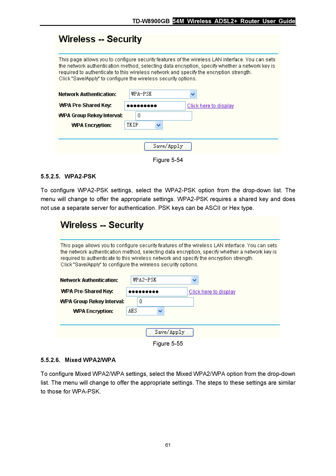 TP-Link manual TD-W8900GB 54M Wireless ADSL2+ Router User Guide, WPA2-PSK, Mixed WPA2/WPA 