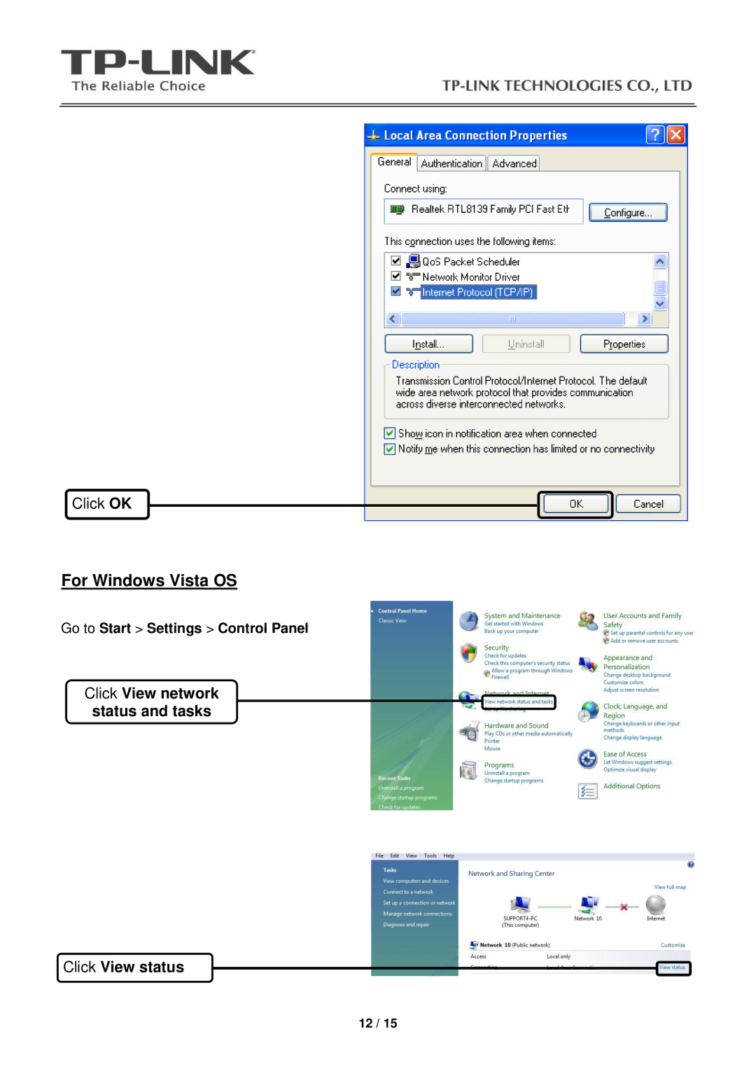 TP-Link TD-W8901G manual For Windows Vista OS, Click View network Status and tasks Click View status 