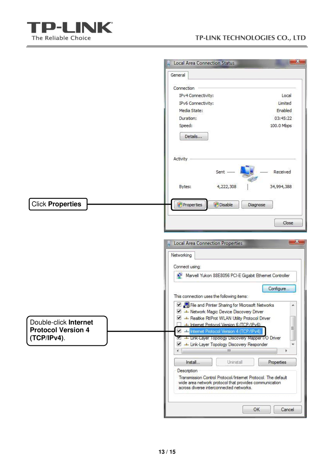 TP-Link TD-W8901G manual Click Properties, Protocol Version 4 TCP/IPv4 