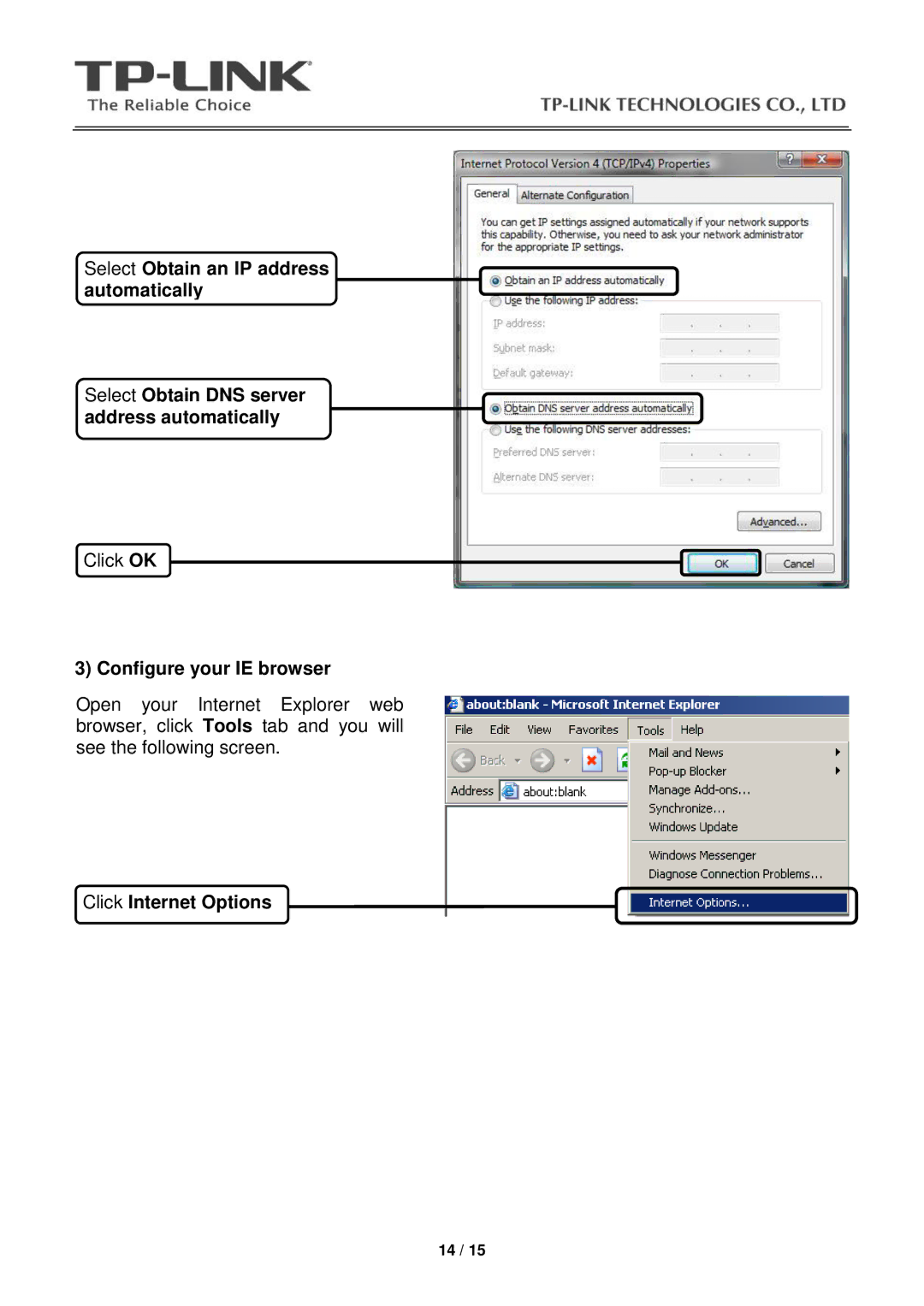 TP-Link TD-W8901G manual Configure your IE browser, Click Internet Options 