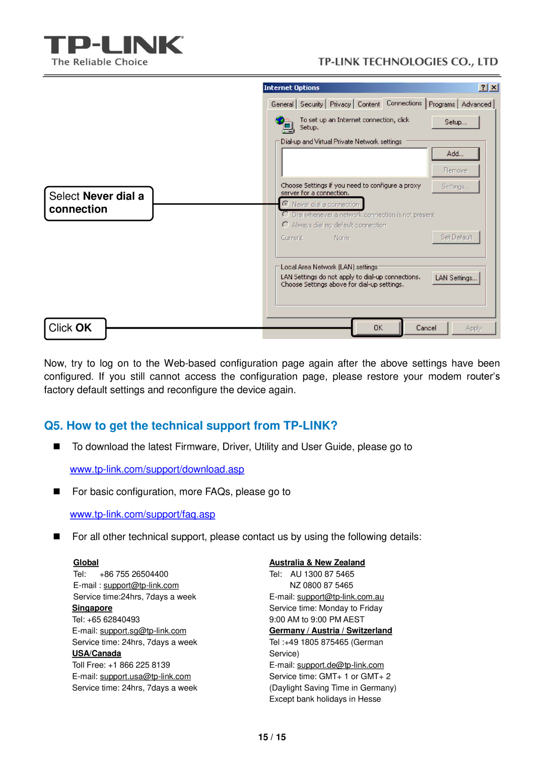 TP-Link TD-W8901G manual Q5. How to get the technical support from TP-LINK?, Select Never dial a connection 