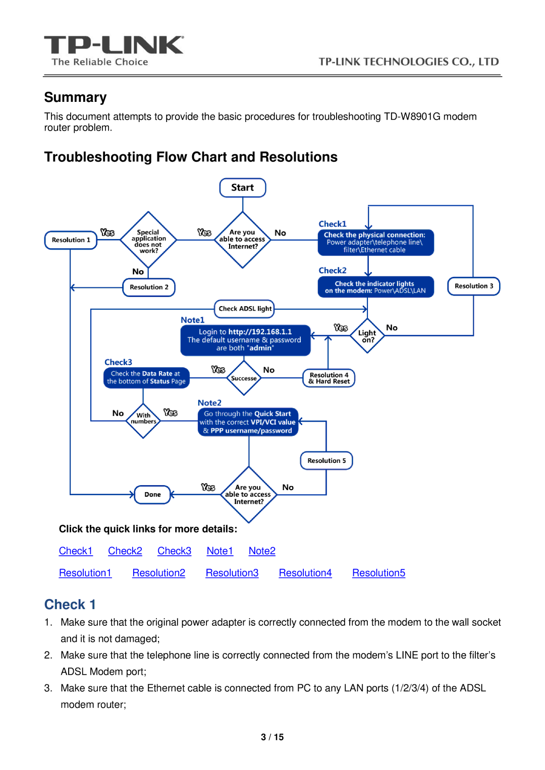 TP-Link TD-W8901G manual Check 