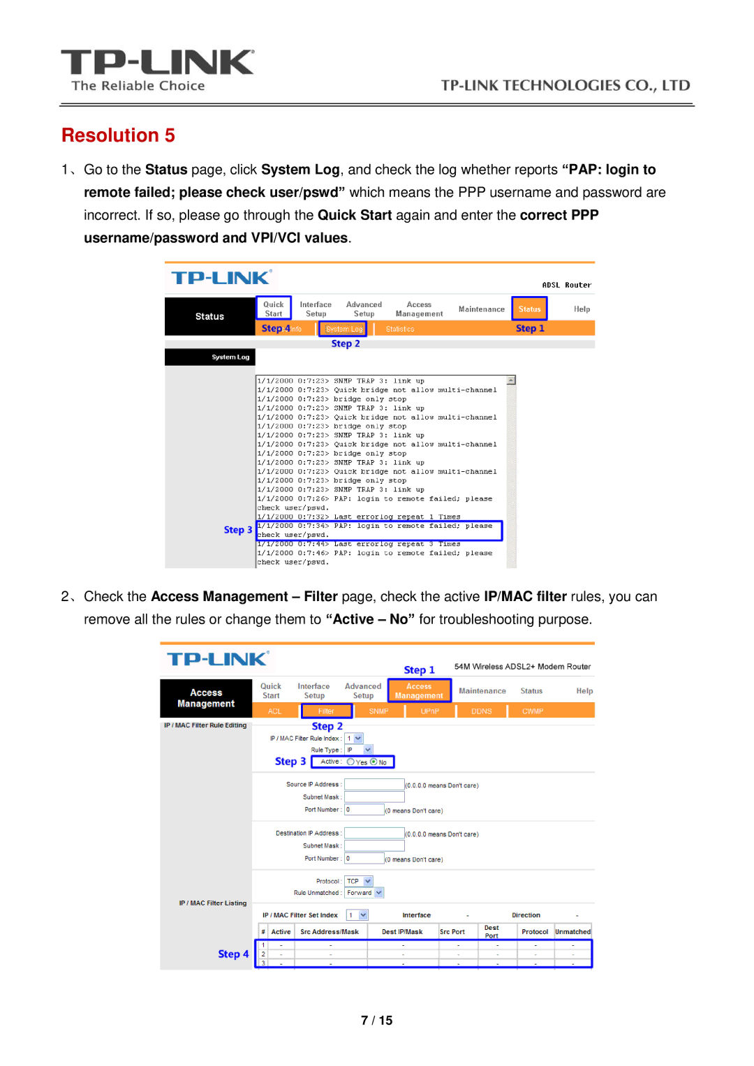 TP-Link TD-W8901G manual Resolution 