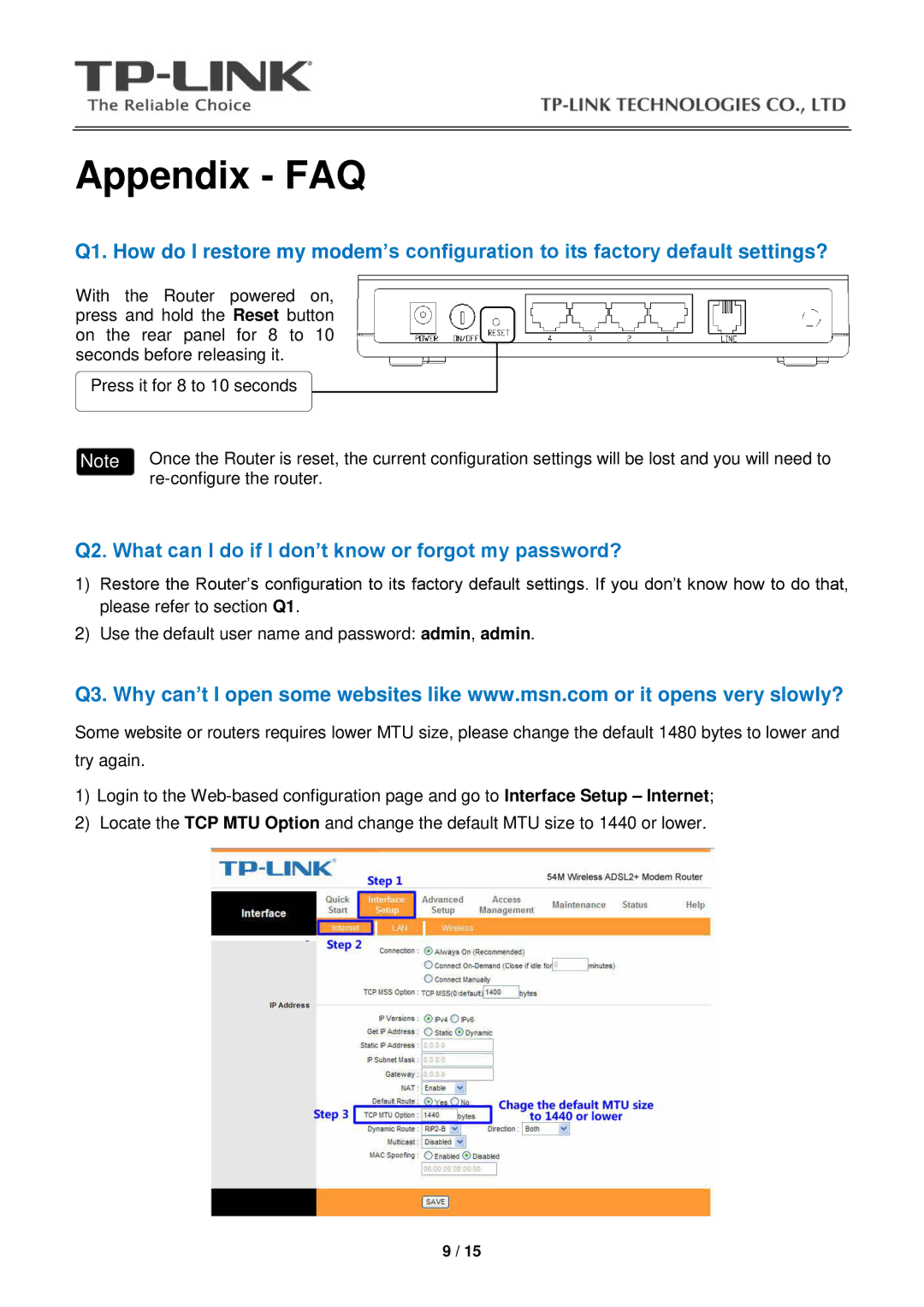 TP-Link TD-W8901G manual Appendix FAQ 