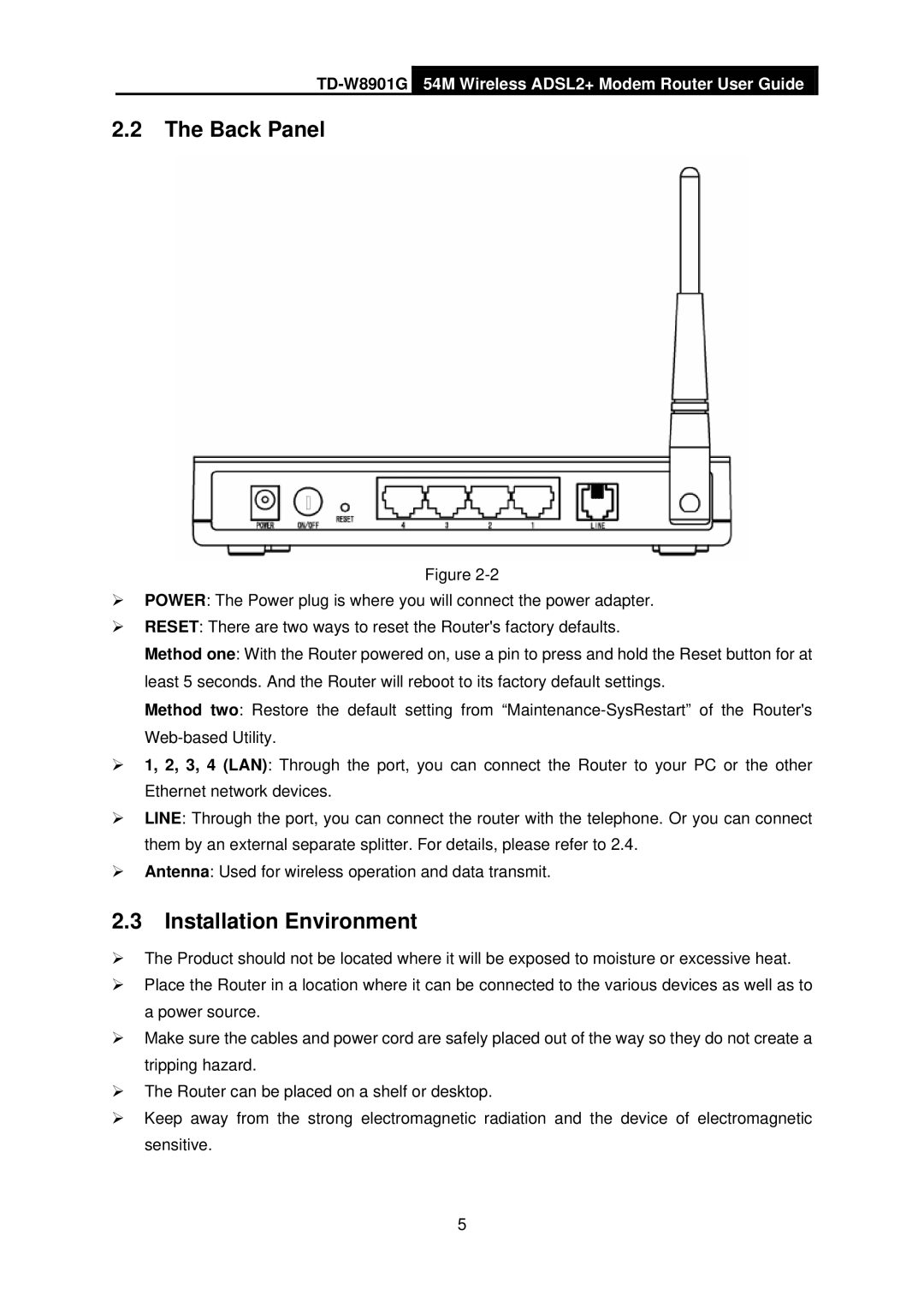 TP-Link TD-W8901G manual Back Panel, Installation Environment 