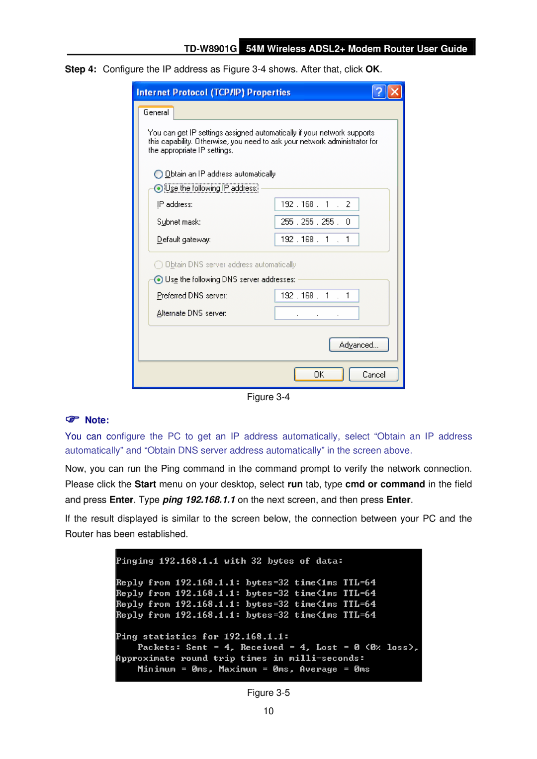 TP-Link TD-W8901G manual Configure the IP address as -4shows. After that, click OK 