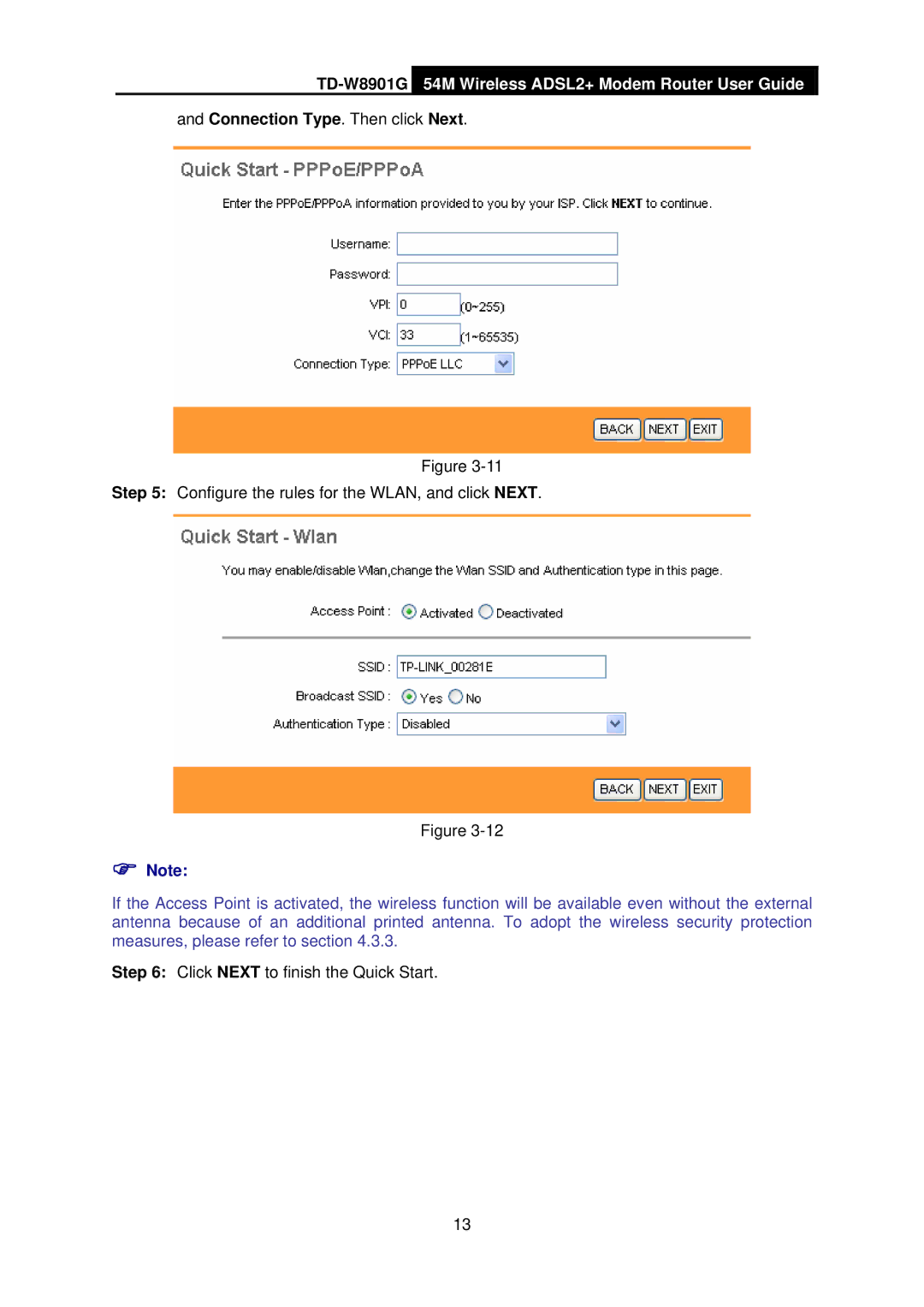 TP-Link TD-W8901G manual Connection Type. Then click Next 