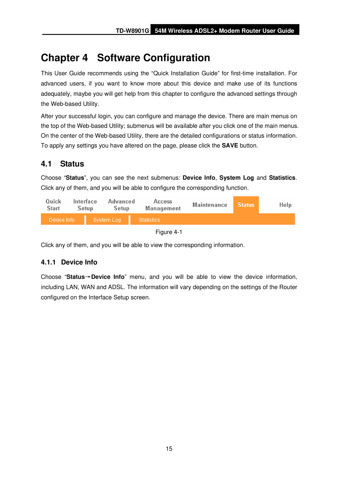 TP-Link TD-W8901G manual Status, Device Info 