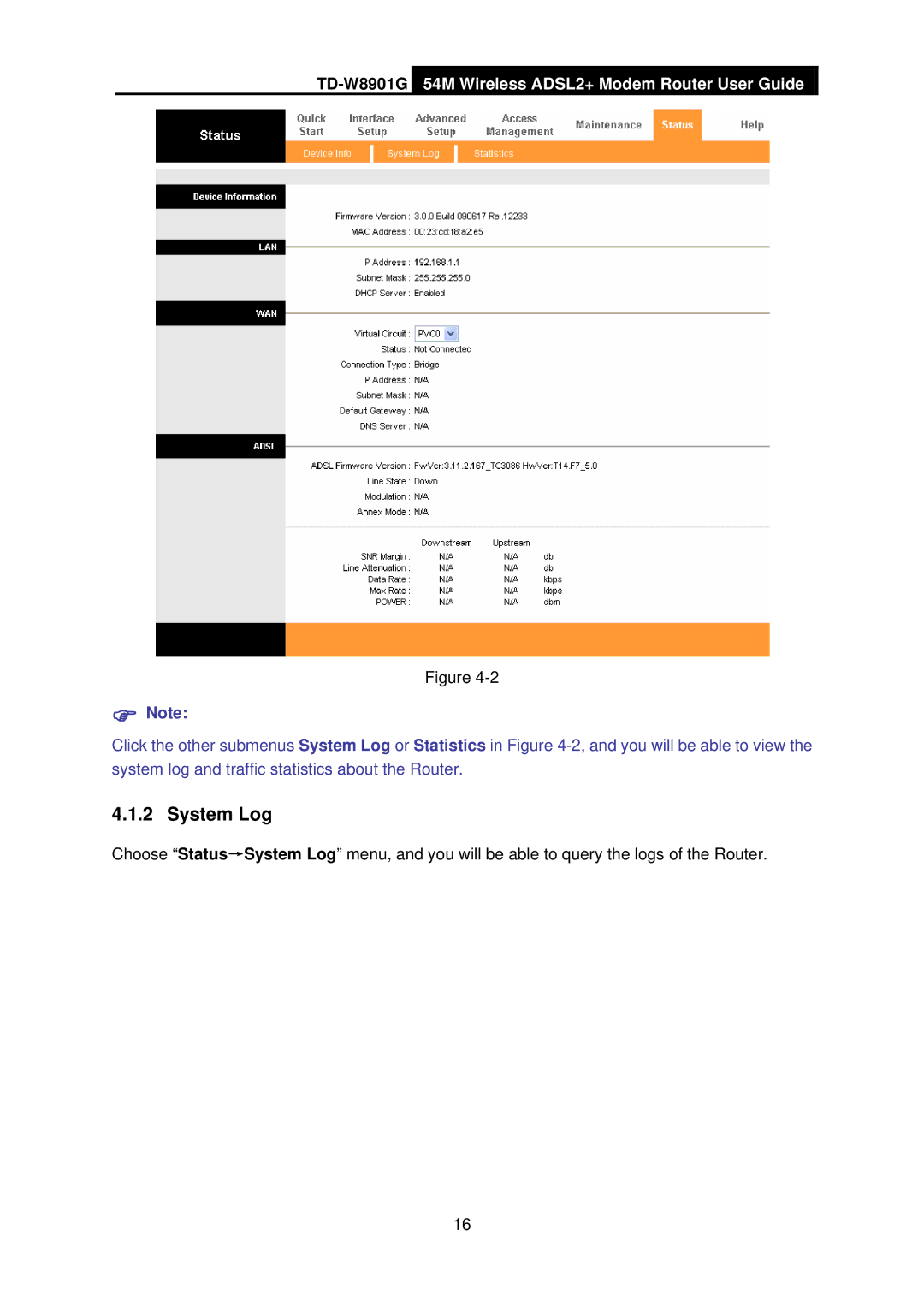 TP-Link TD-W8901G manual System Log 