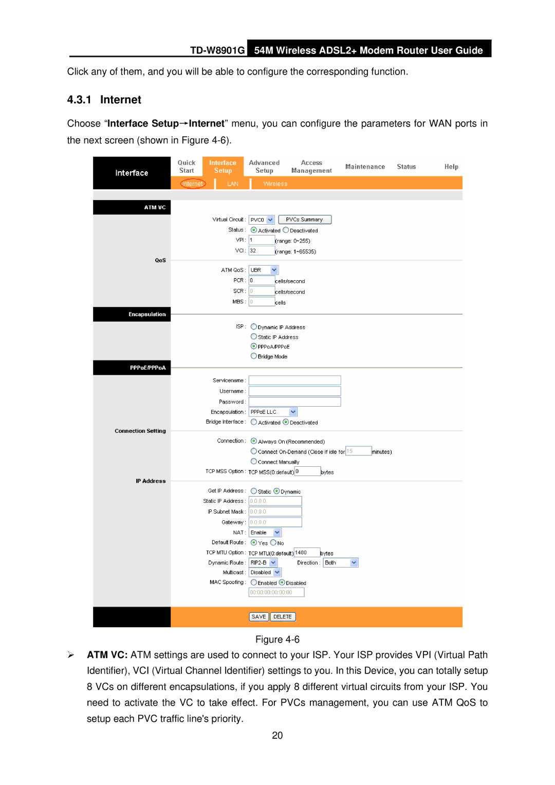 TP-Link TD-W8901G manual Internet 