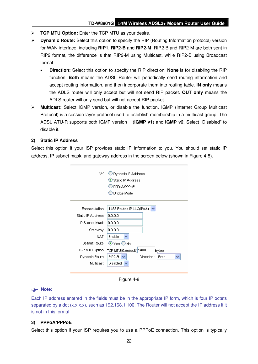 TP-Link TD-W8901G manual Static IP Address, PPPoA/PPPoE 