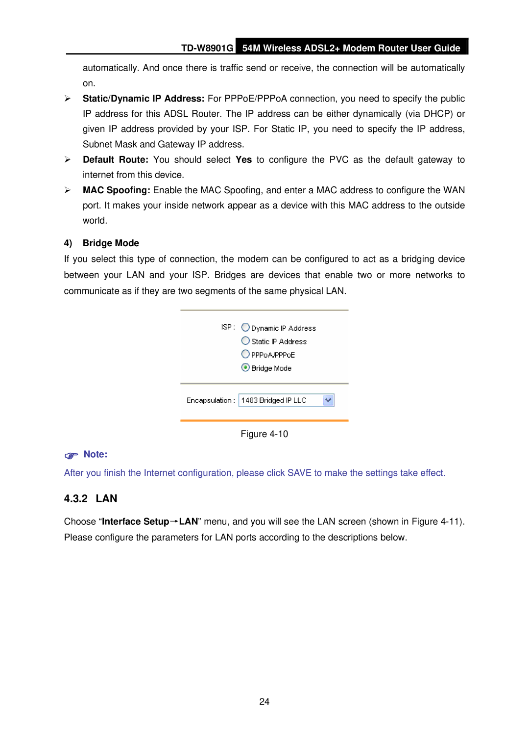 TP-Link TD-W8901G manual 2 LAN, Bridge Mode 