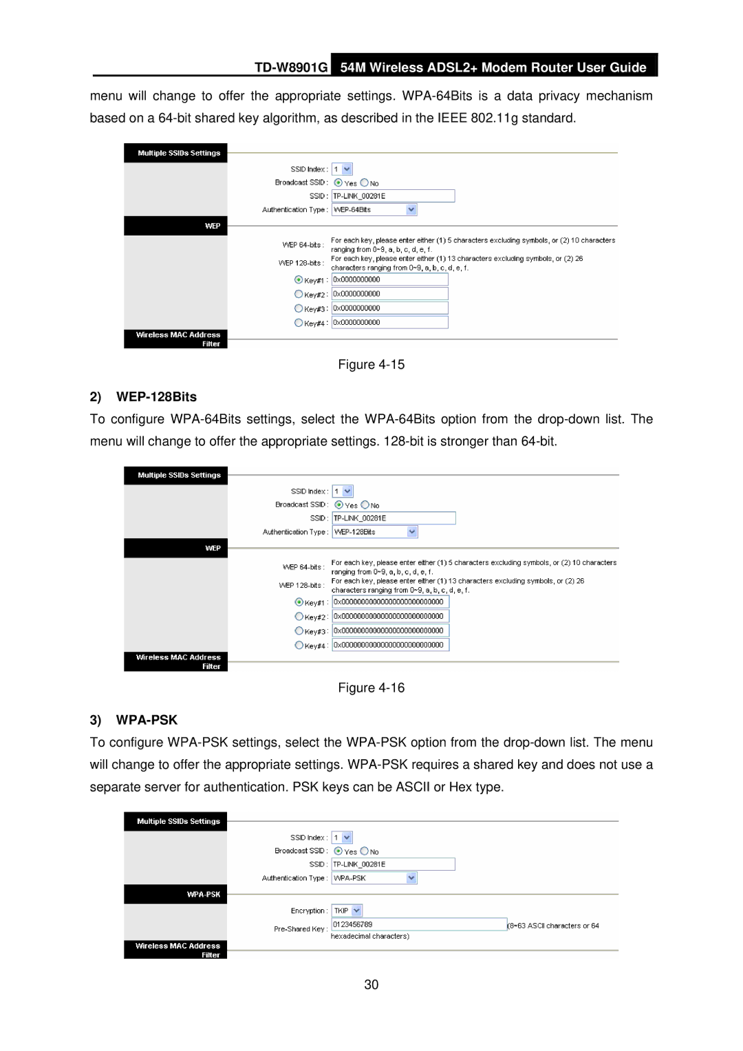TP-Link TD-W8901G manual WEP-128Bits, Wpa-Psk 