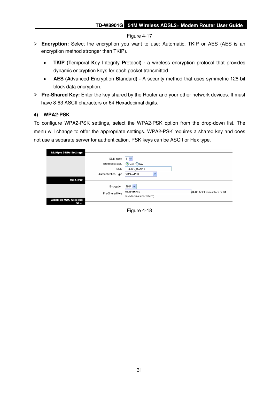 TP-Link TD-W8901G manual WPA2-PSK 