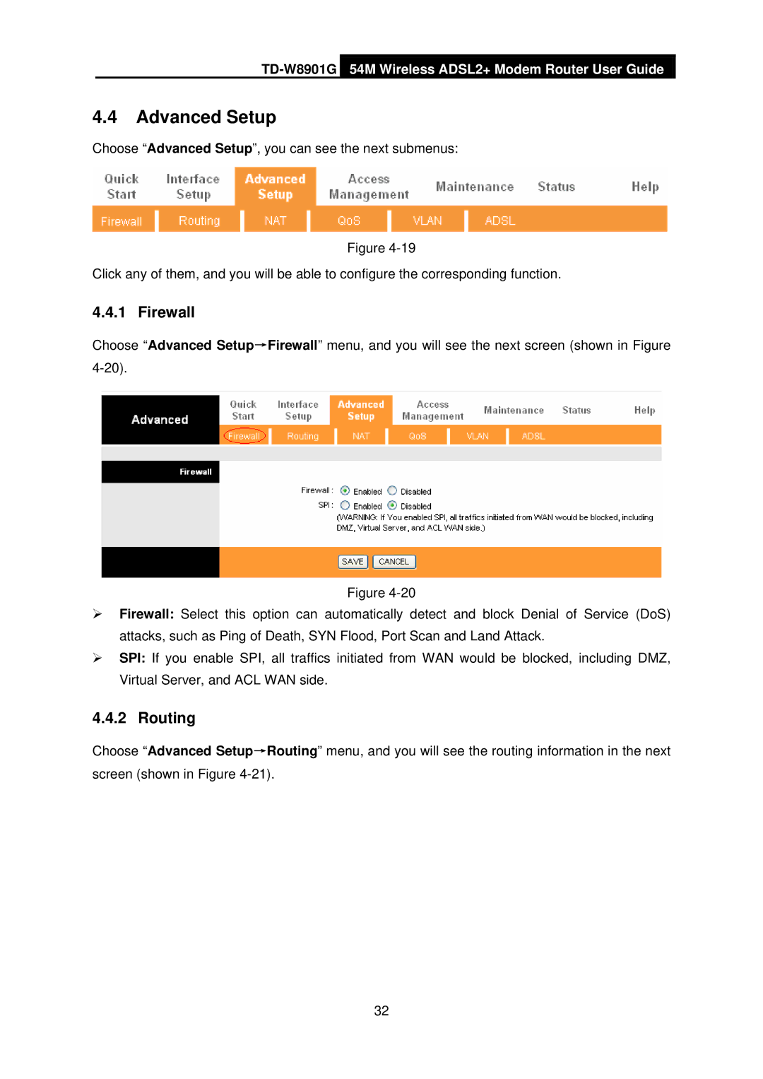 TP-Link TD-W8901G manual Advanced Setup, Firewall, Routing 