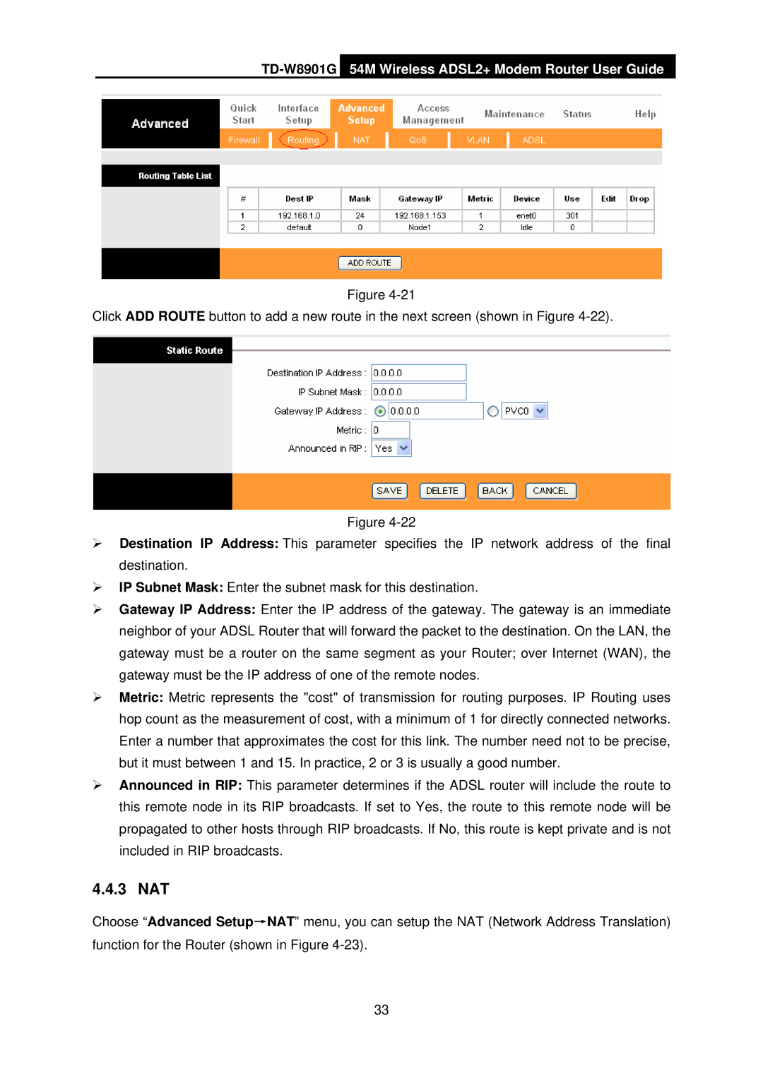 TP-Link TD-W8901G manual 3 NAT 