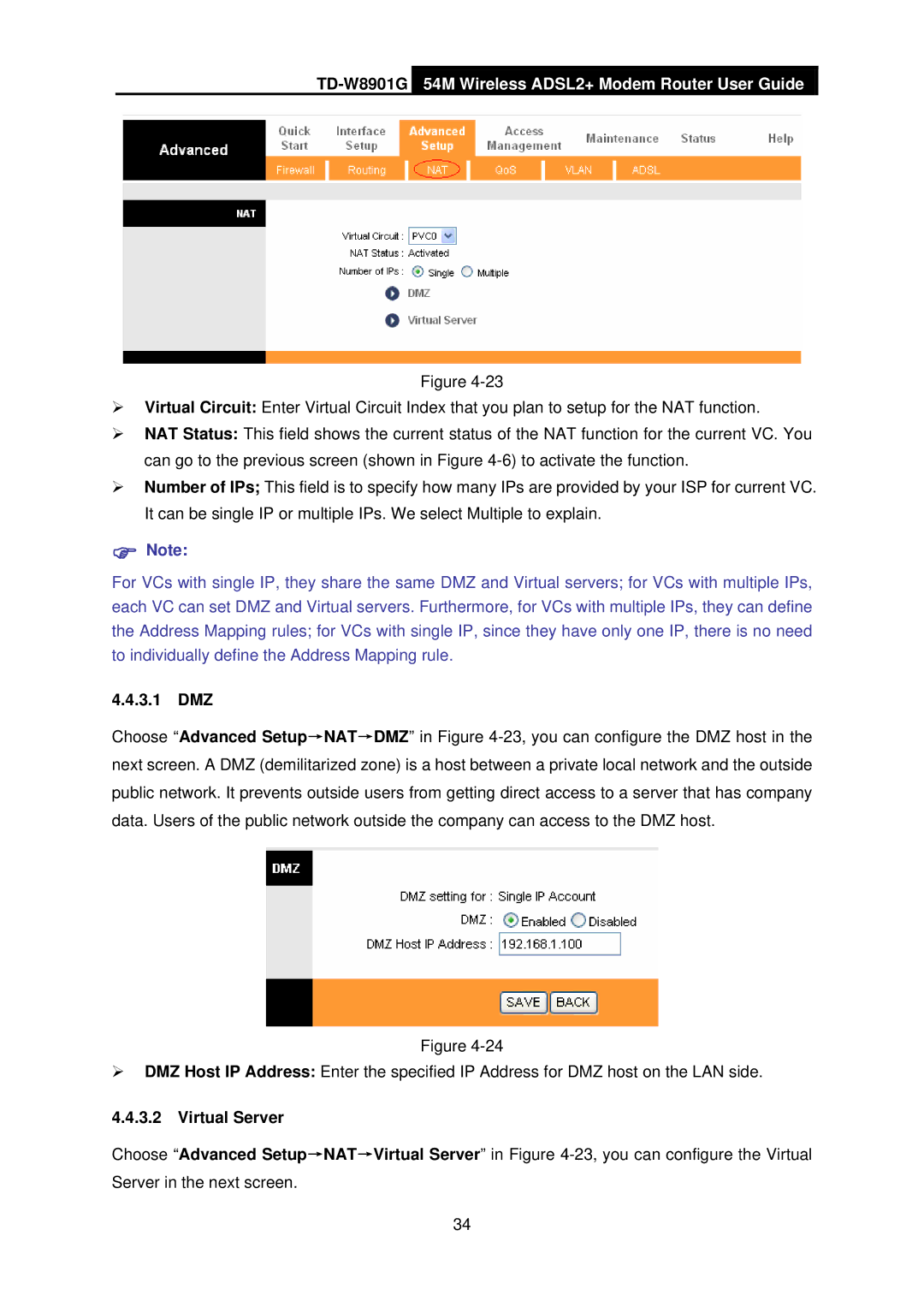 TP-Link TD-W8901G manual 3.1 DMZ, Virtual Server 