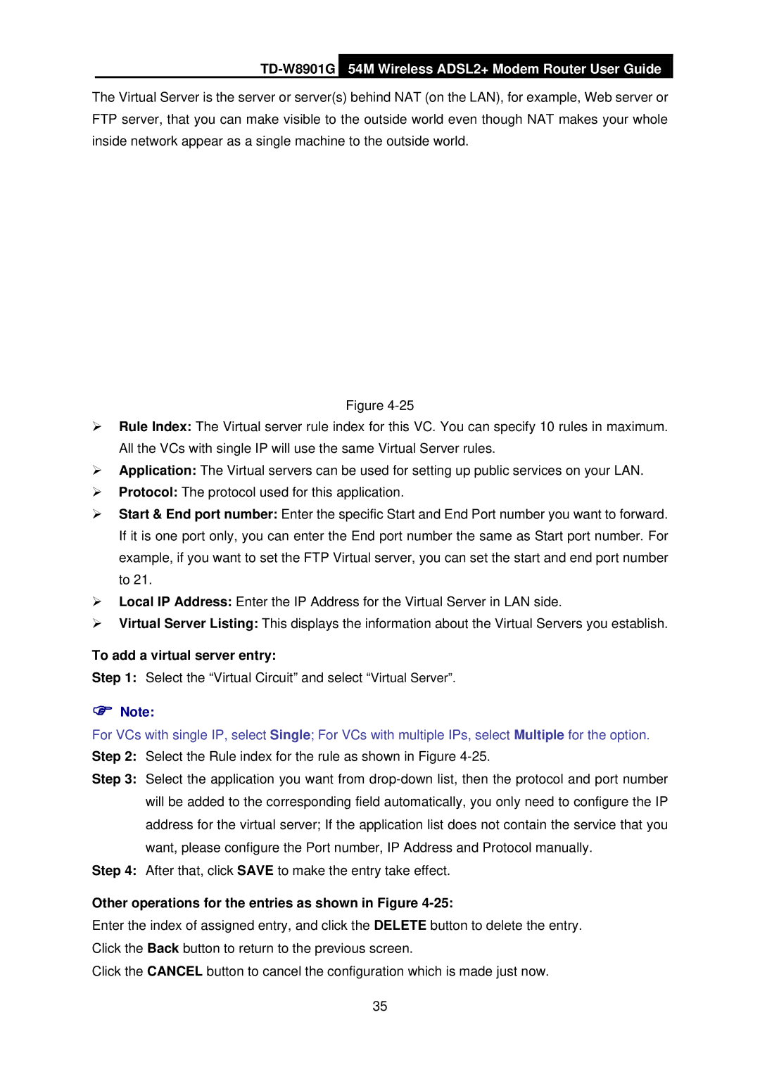 TP-Link TD-W8901G manual To add a virtual server entry, Other operations for the entries as shown in Figure 