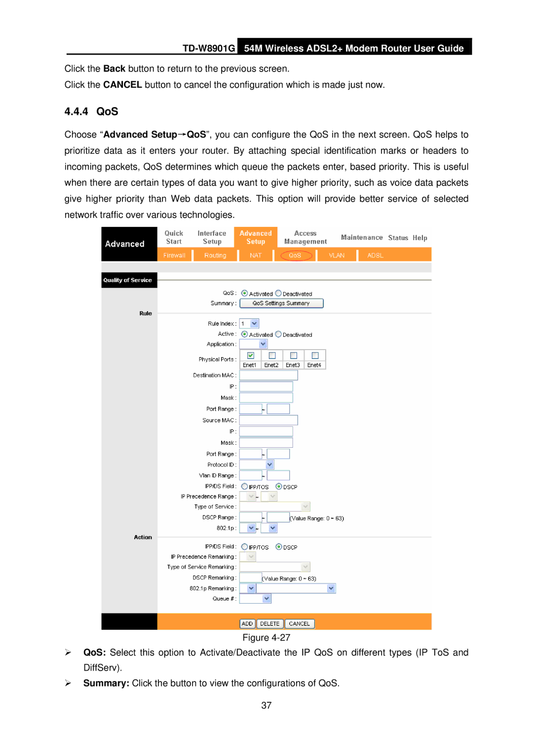 TP-Link TD-W8901G manual 4 QoS 