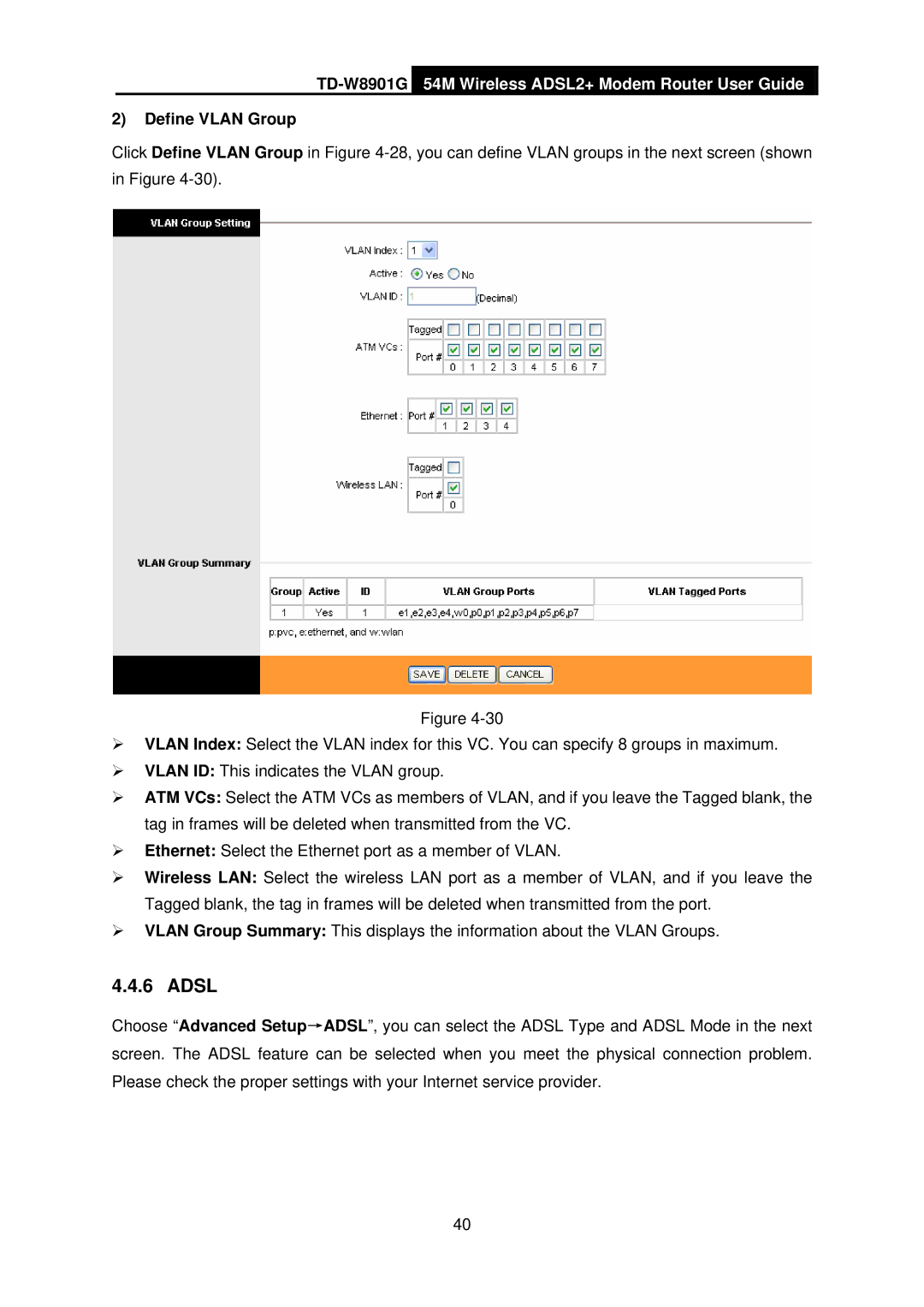 TP-Link TD-W8901G manual Adsl, Define Vlan Group 