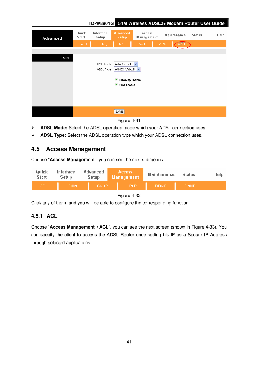 TP-Link TD-W8901G manual Access Management, 1 ACL 