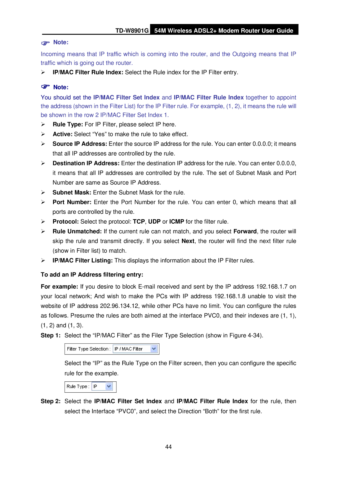 TP-Link TD-W8901G manual To add an IP Address filtering entry 