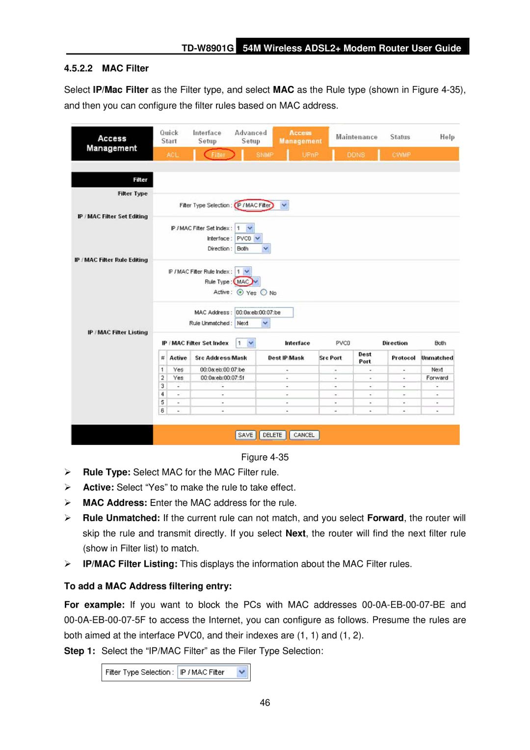 TP-Link TD-W8901G manual MAC Filter, To add a MAC Address filtering entry 