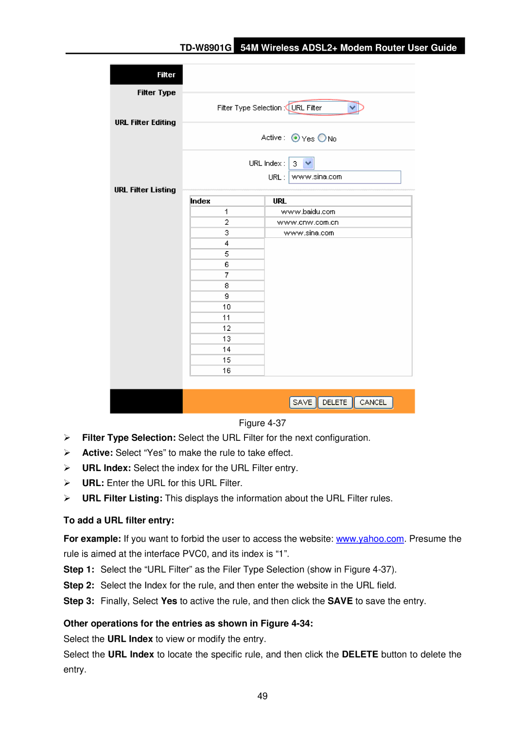 TP-Link TD-W8901G manual To add a URL filter entry, Other operations for the entries as shown in Figure 