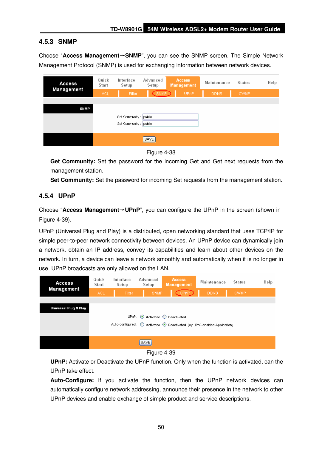 TP-Link TD-W8901G manual Snmp, UPnP 