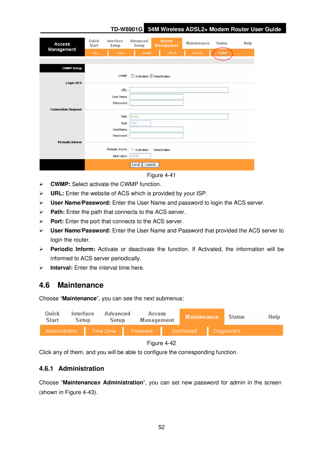 TP-Link TD-W8901G manual Maintenance, Administration 