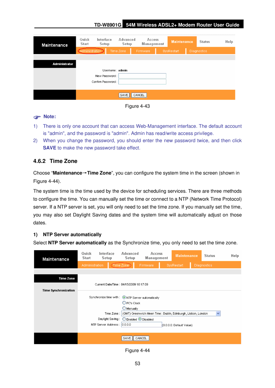 TP-Link TD-W8901G manual Time Zone, NTP Server automatically 